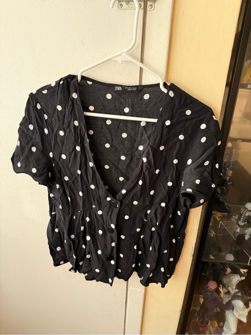 Zara Black Polka Dot V-Neck Short Sleeve Top